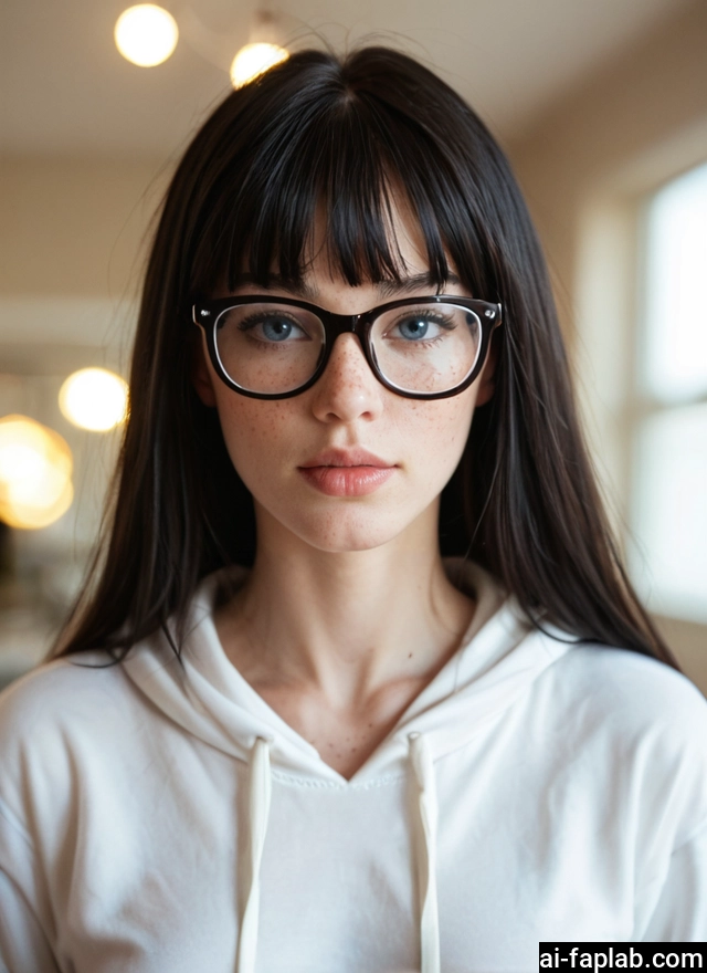 1girl, solo, glasses, hood, black hair, hoodie · Yamete.gg