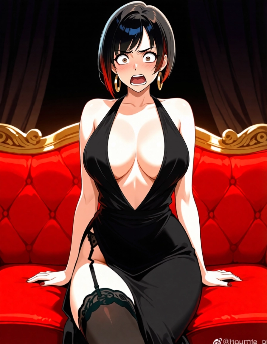 1girl, breasts, black hair, dress, jewelry, solo · Yamete.gg