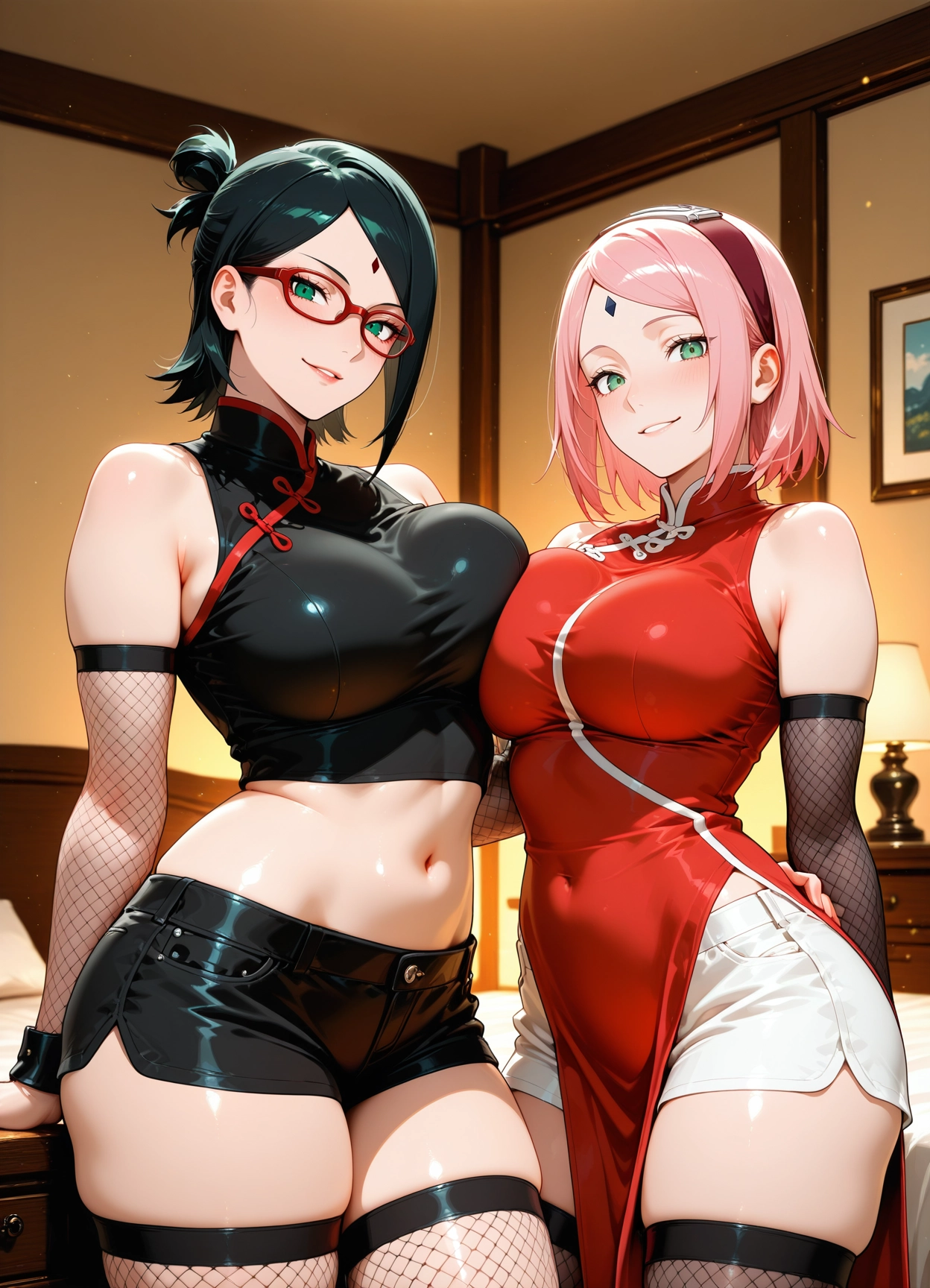 multiple girls, breasts, 2girls, glasses, large breasts, red-framed eyewear · Yamete.gg
