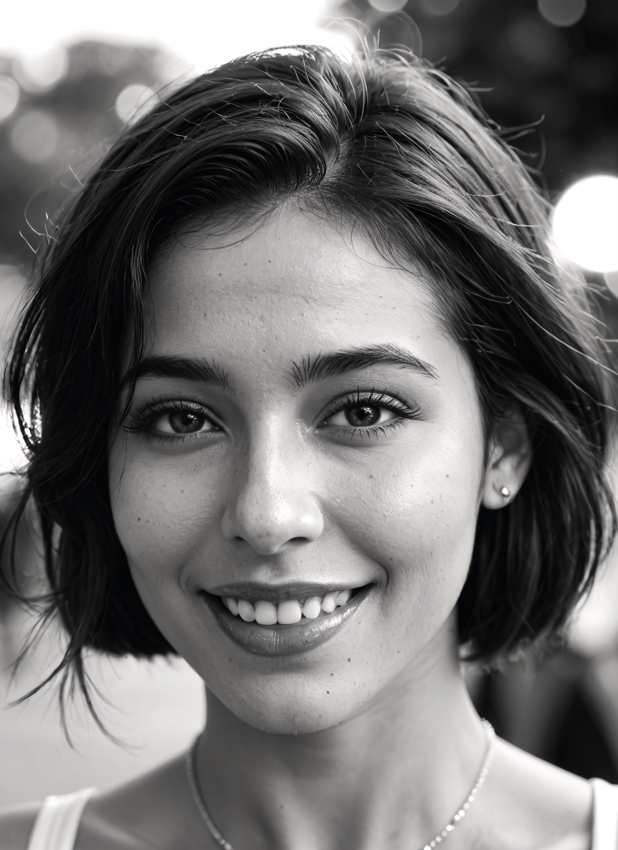 1girl, greyscale, solo, monochrome, jewelry, smile · Yamete.gg