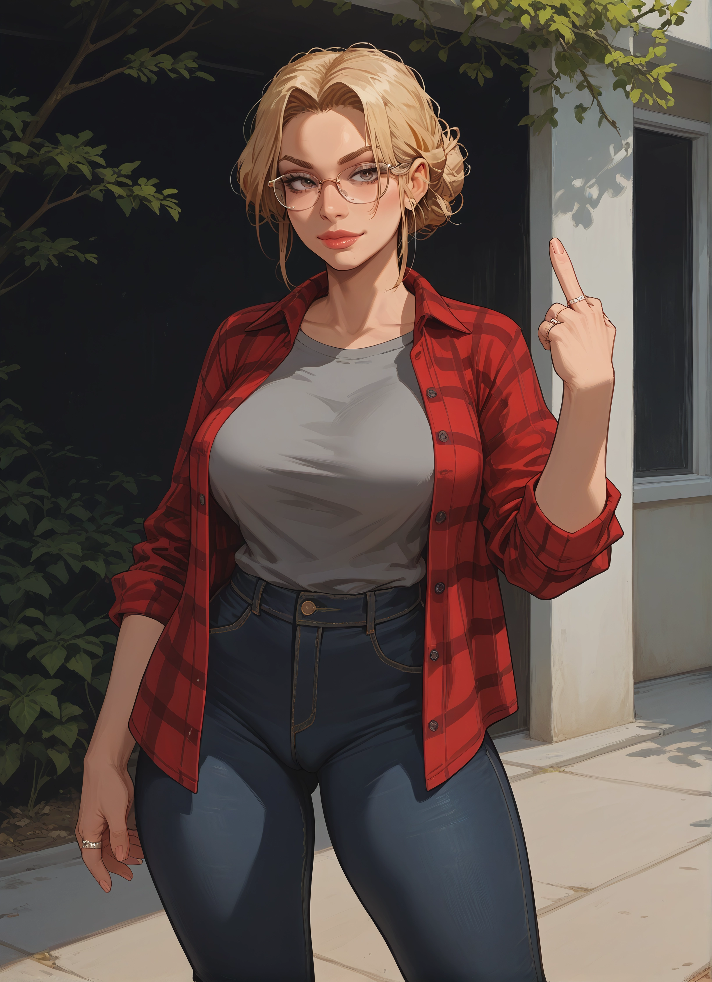 1girl, jewelry, blonde hair, pants, breasts, glasses · Yamete.gg
