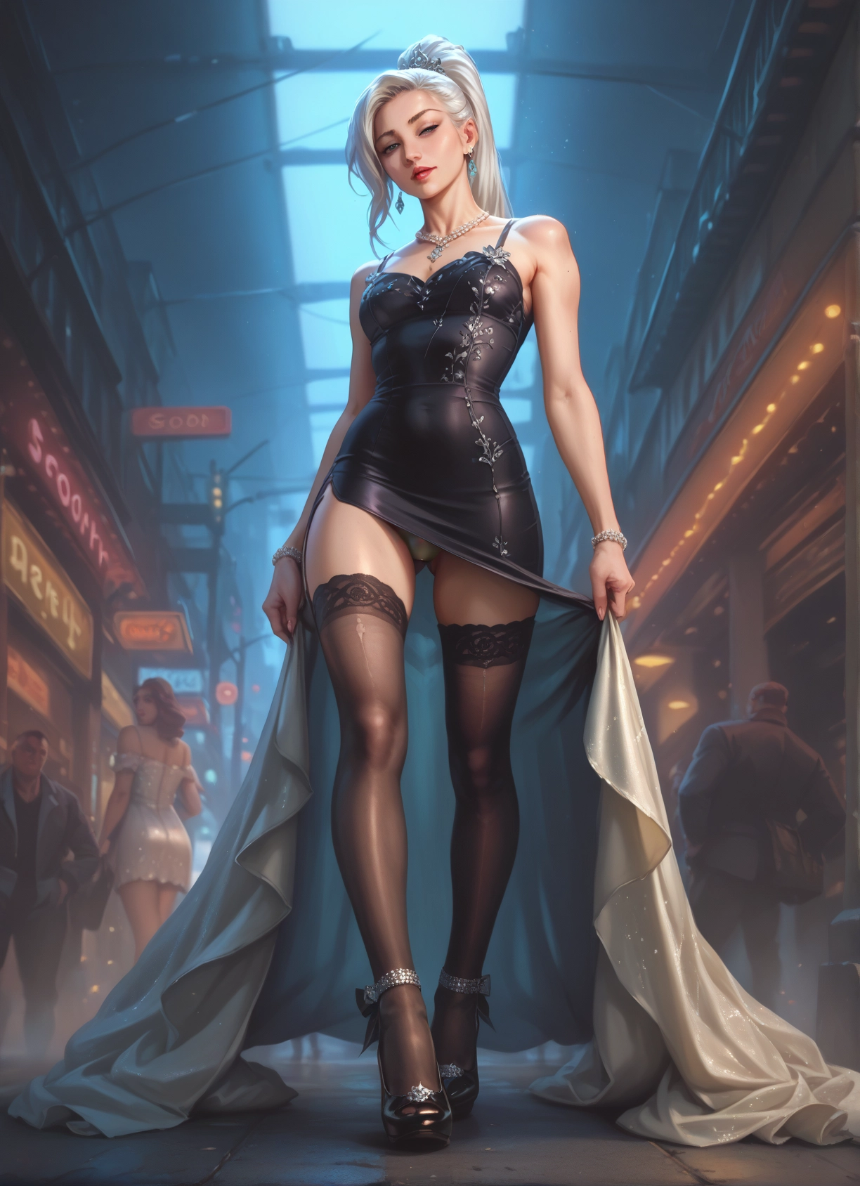 thighhighs, underwear, panties, dress, jewelry, multiple girls · Yamete.gg