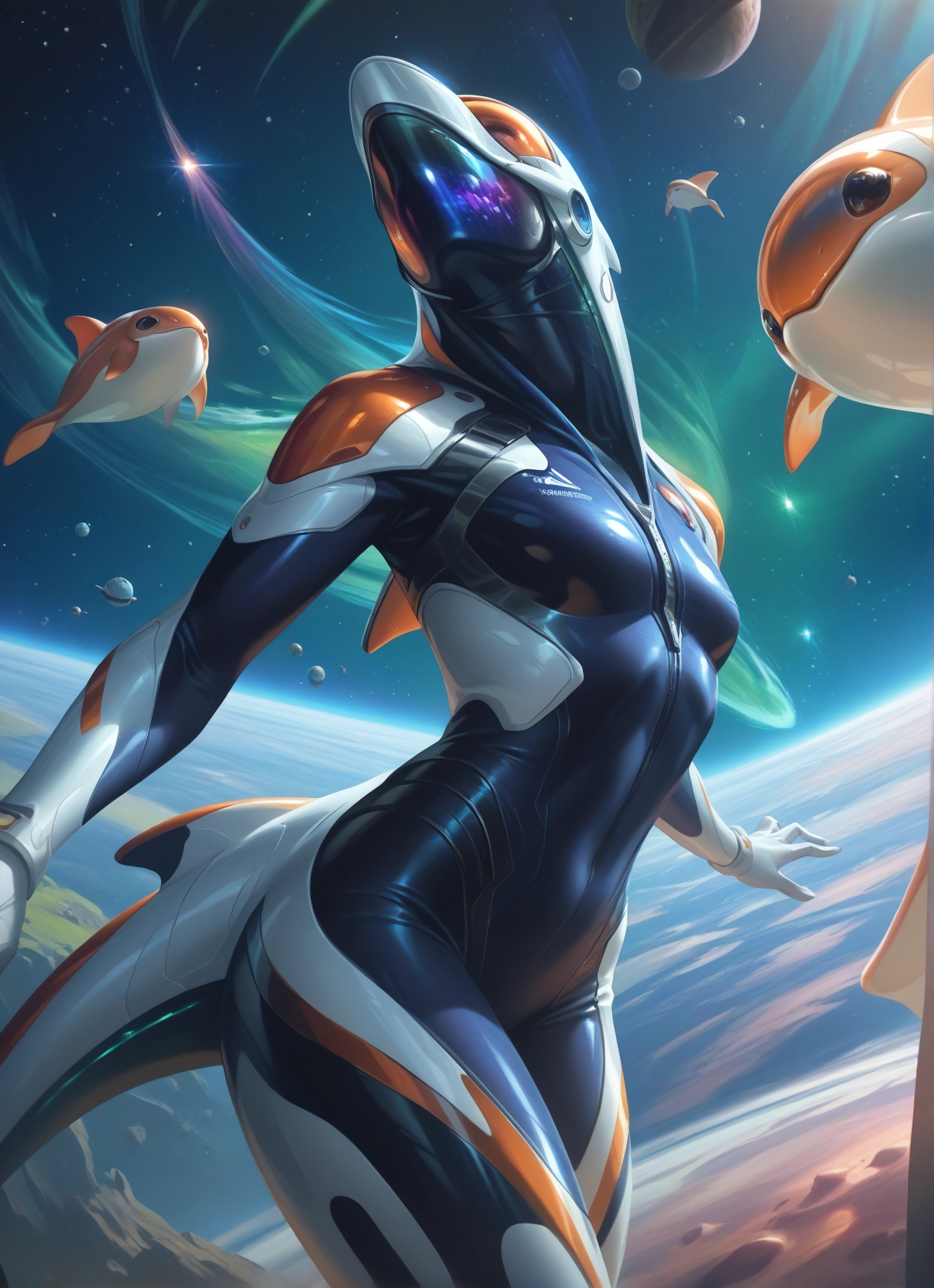 1girl, bodysuit, space, planet, helmet, breasts