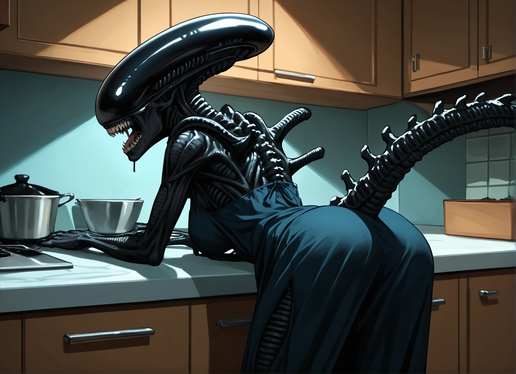 apron, kitchen, teeth, 1girl, ass, tail · Yamete.gg