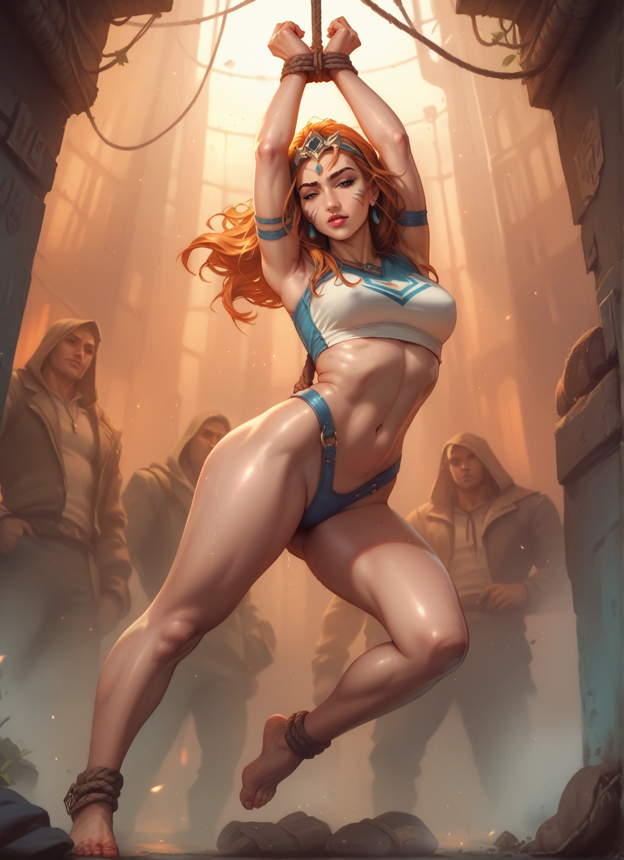1girl, navel, bound, barefoot, blonde hair, breasts · Yamete.gg