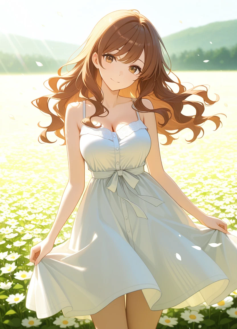 1girl, solo, breasts, dress, field, brown hair · Yamete.gg