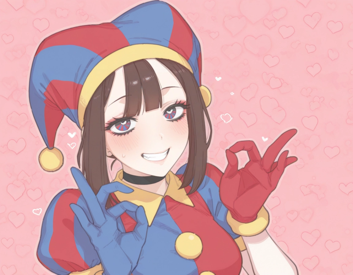 1girl, solo, gloves, smile, heart background, blush · Yamete.gg