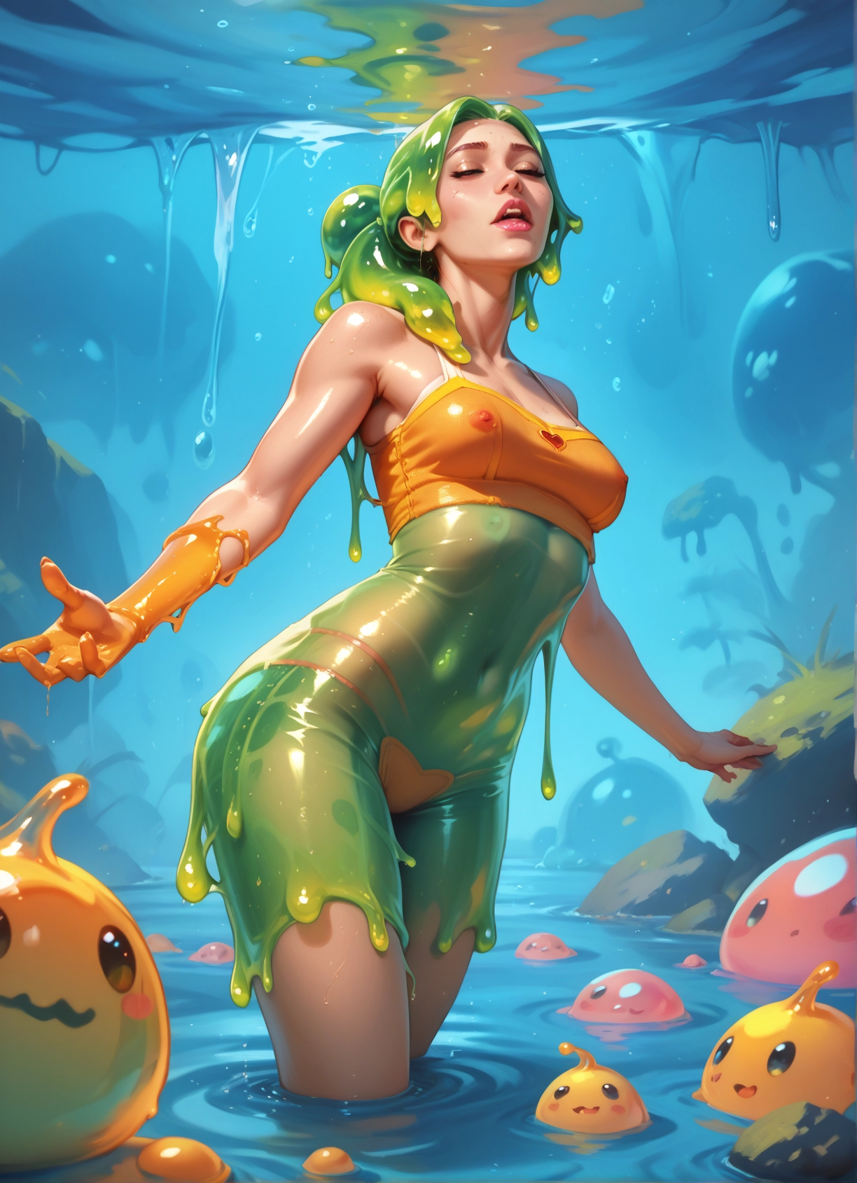 1girl, breasts, green hair, closed eyes, slime girl, wading · Yamete.gg