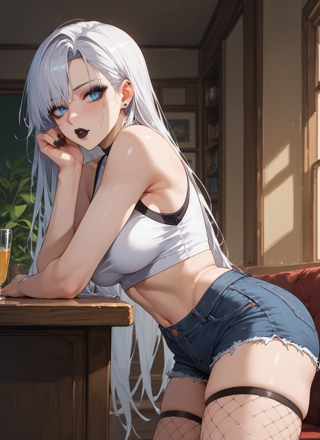 1girl, breasts, long hair, shorts, blue eyes, fishnets · Yamete.gg