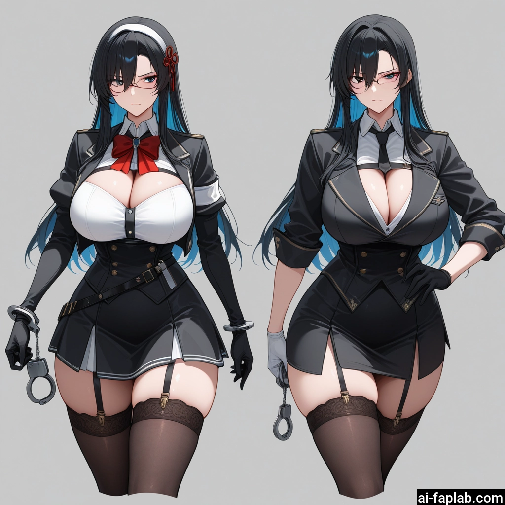 breasts, thighhighs, cuffs, gloves, black hair, handcuffs · Yamete.gg