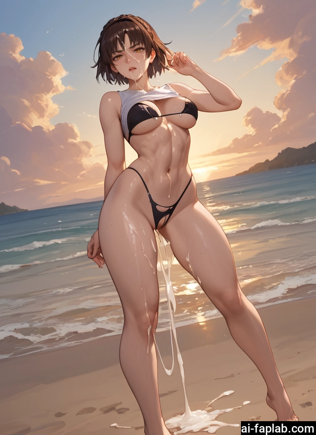 1girl, breasts, cum, solo, swimsuit, brown hair · Yamete.gg