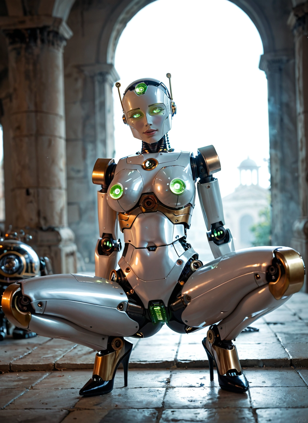 1girl, solo, squatting, high heels, breasts, robot joints · Yamete.gg