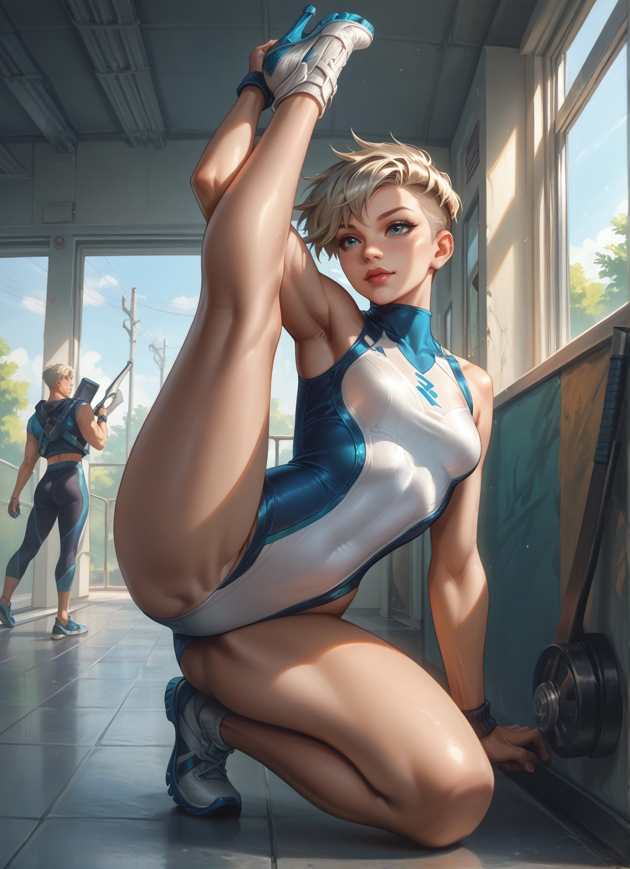 1girl, short hair, 1boy, breasts, leotard, blue eyes · Yamete.gg