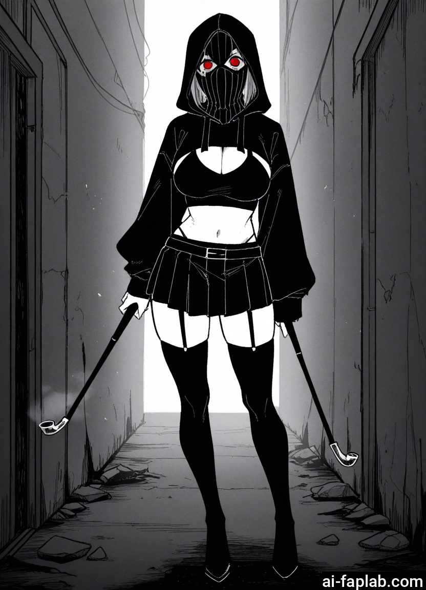 1girl, breasts, thighhighs, hood, skirt, red eyes · Yamete.gg