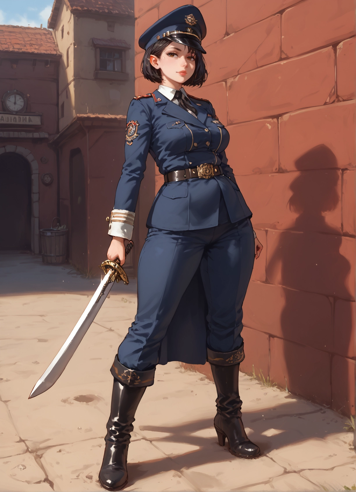1girl, weapon, sword, boots, uniform, hat · Yamete.gg
