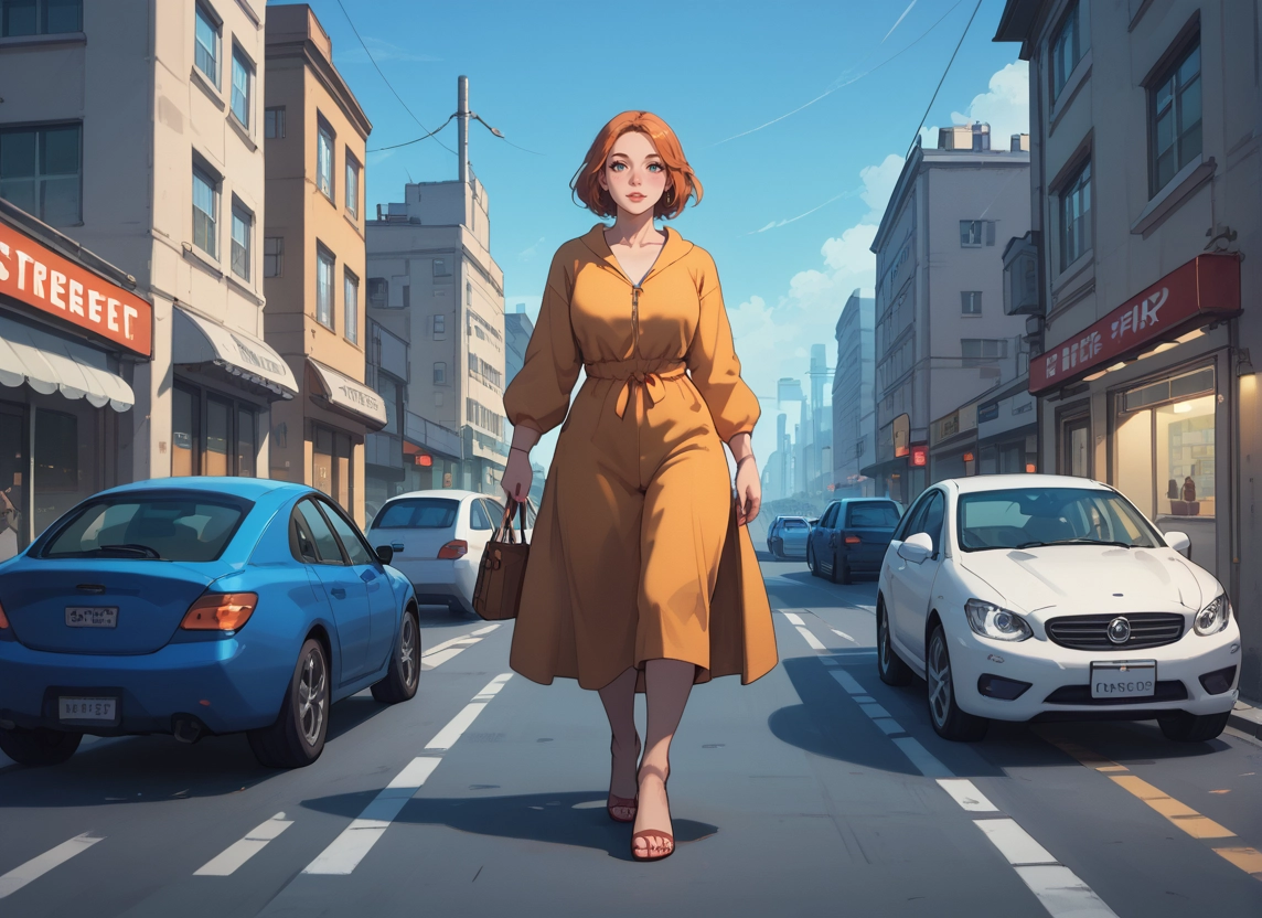 1girl, car, motor vehicle, dress, ground vehicle, brown hair · Yamete.gg