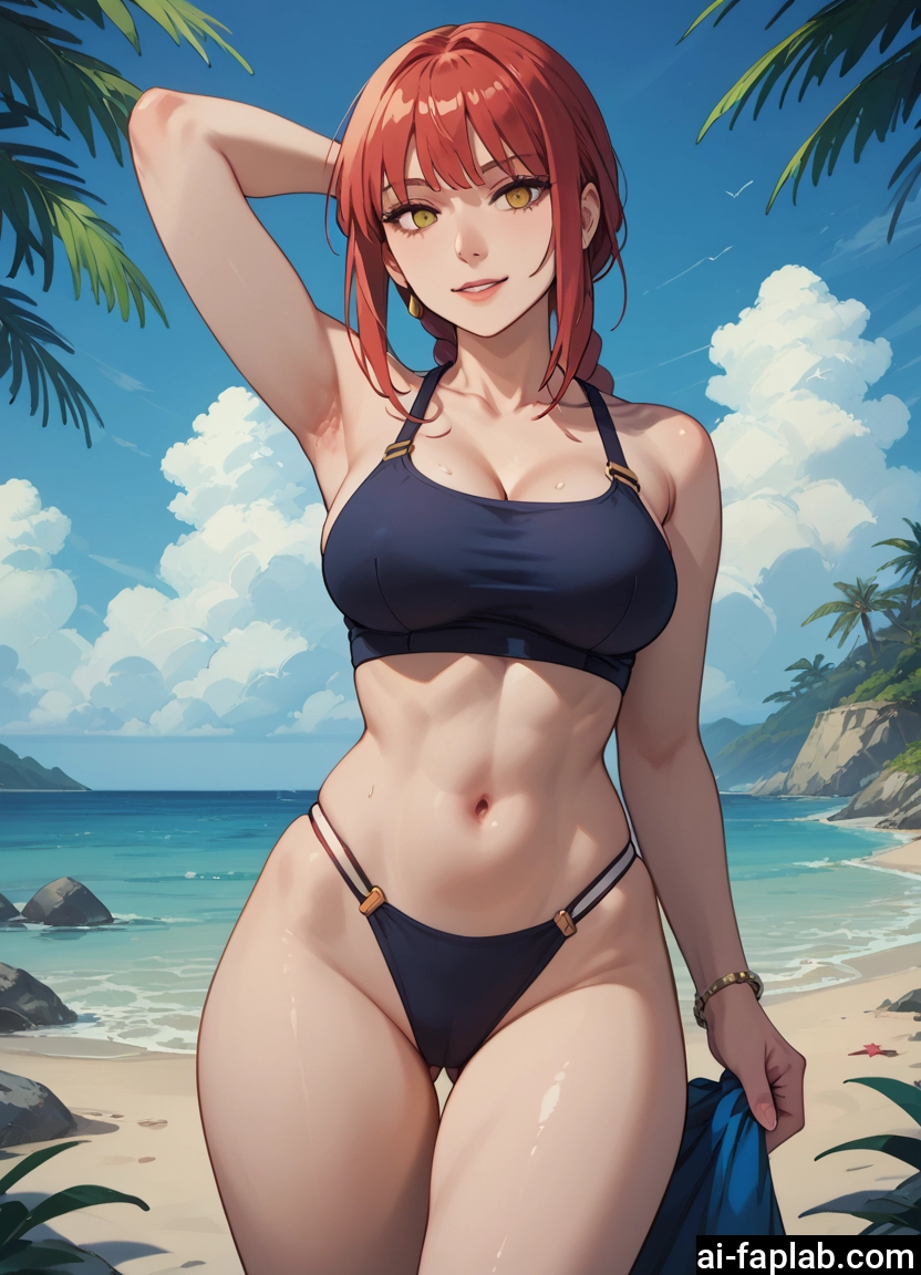 1girl, breasts, swimsuit, navel, armpits, beach