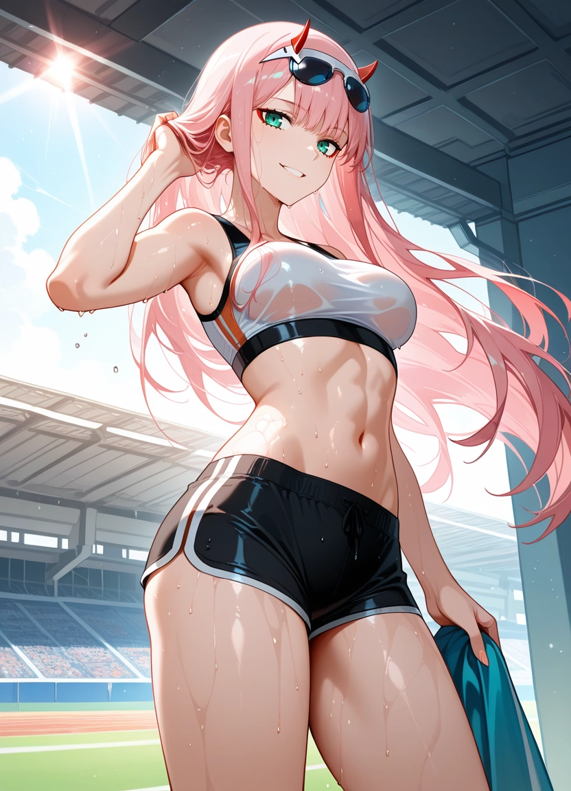 zero two (darling in the franxx), 1girl, horns, pink hair, breasts, solo · Yamete.gg