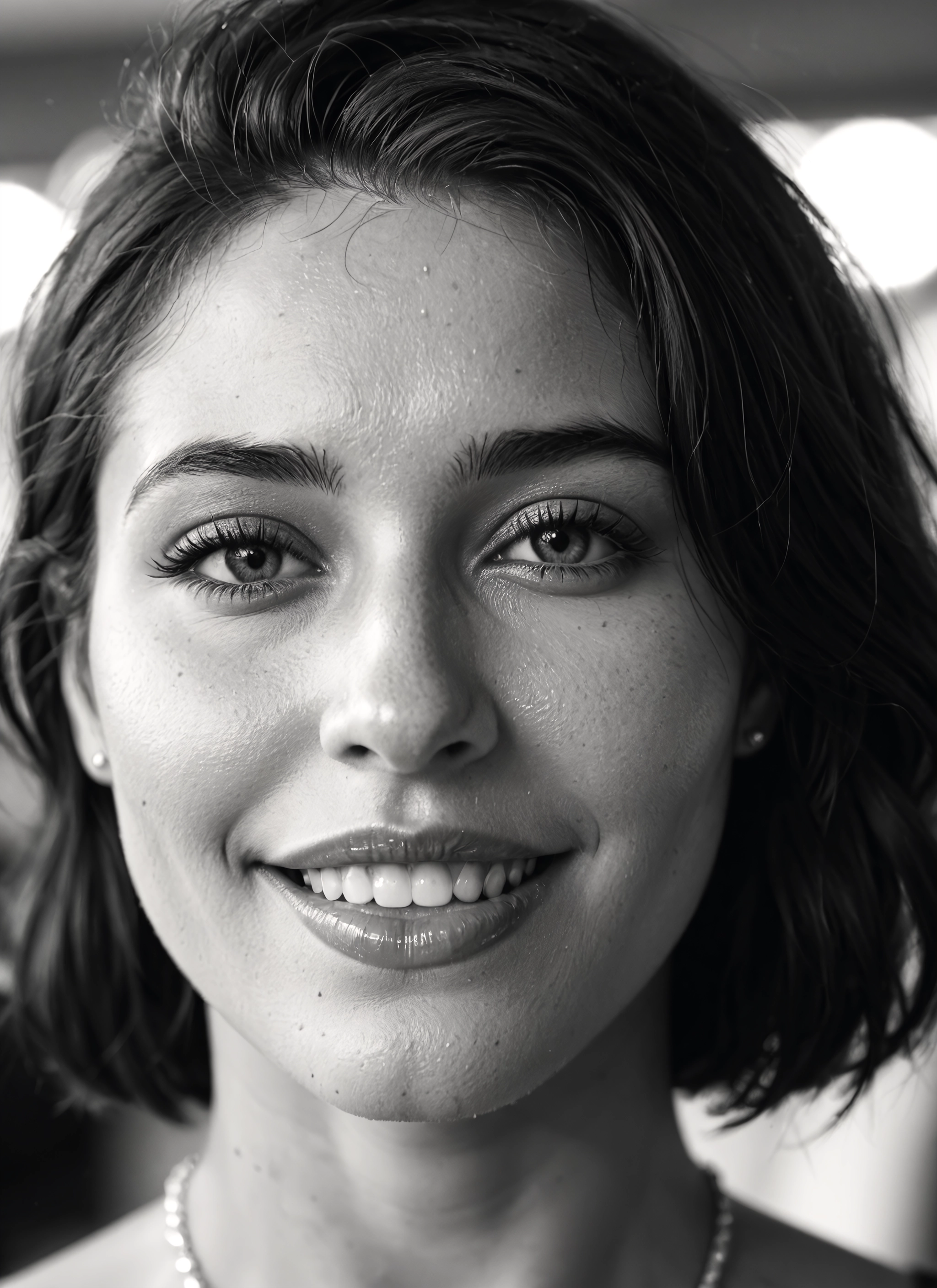 monochrome, greyscale, 1girl, solo, jewelry, smile · Yamete.gg
