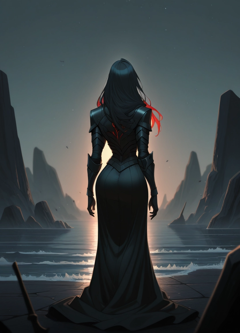 1girl, armor, solo, black hair, from behind, long hair