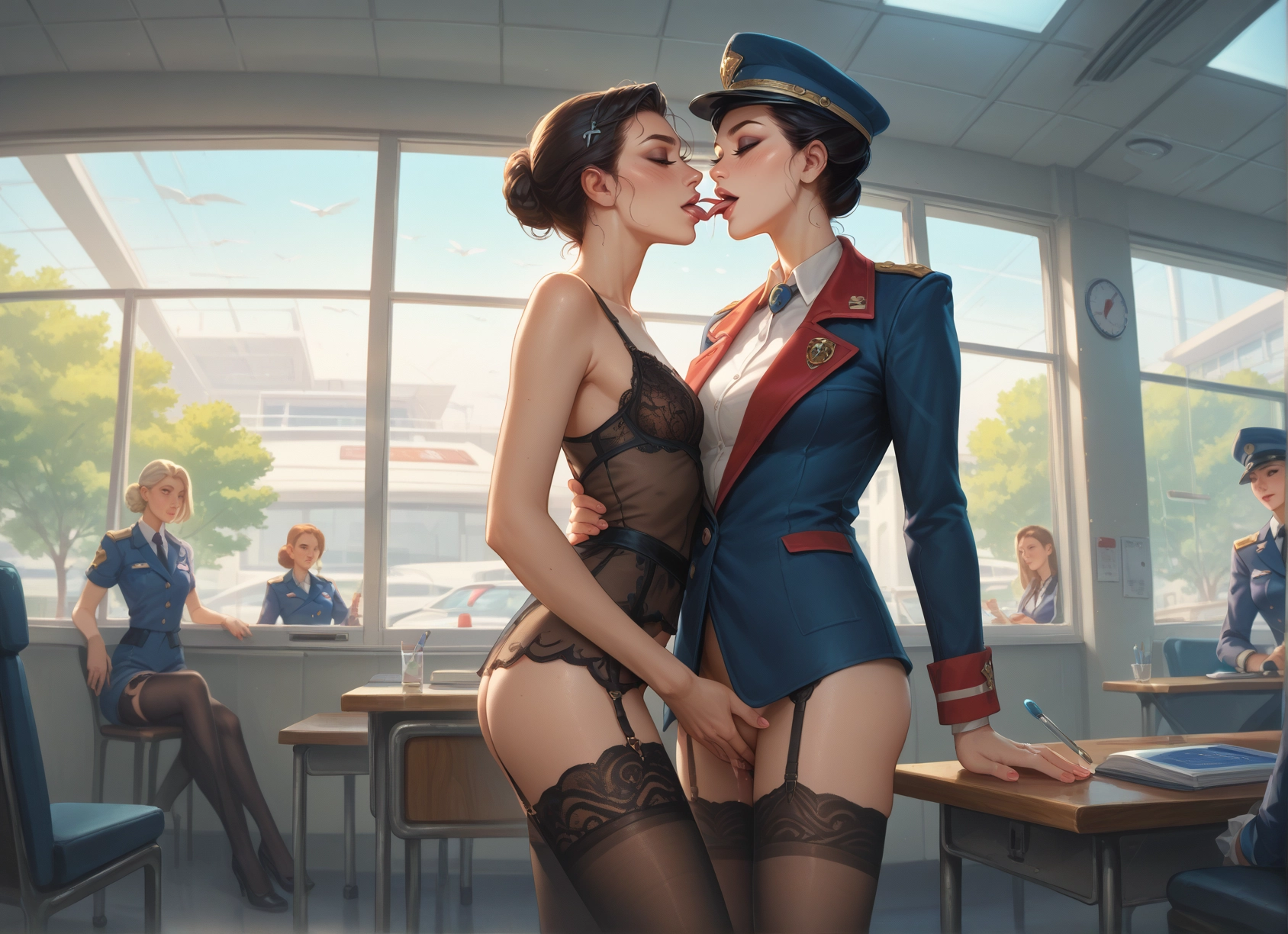 multiple girls, thighhighs, yuri, uniform, kiss, garter straps · Yamete.gg
