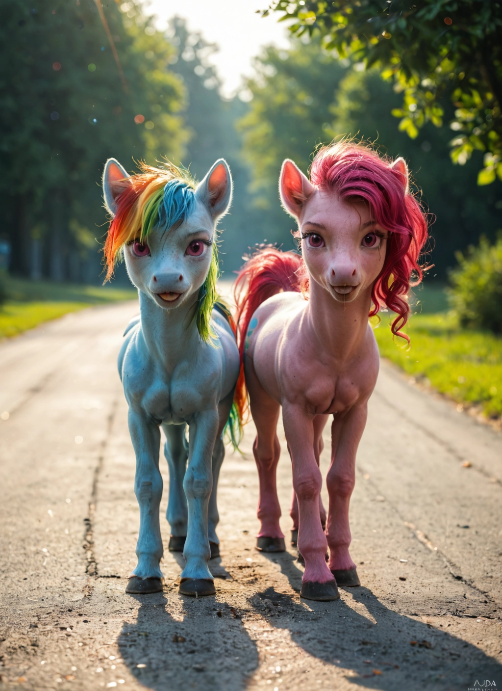 no humans, horse, day, outdoors, multicolored hair, road
