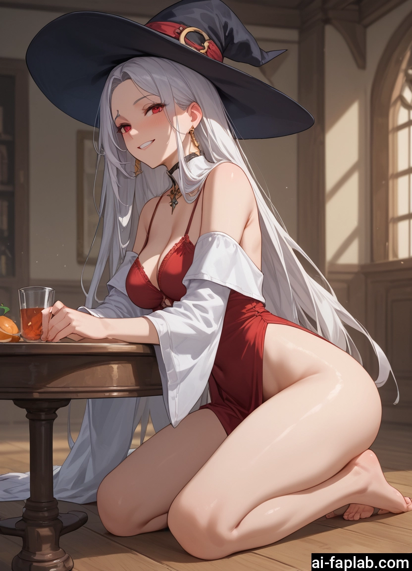 1girl, breasts, hat, long hair, red eyes, witch hat