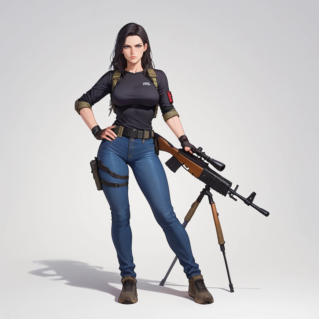 1girl, weapon, solo, gun, rifle, pants · Yamete.gg