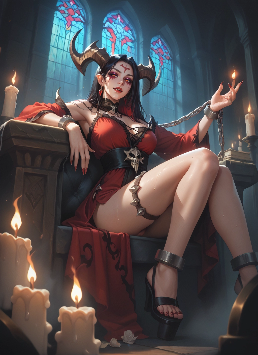 1girl, horns, candle, breasts, sitting, dress · Yamete.gg