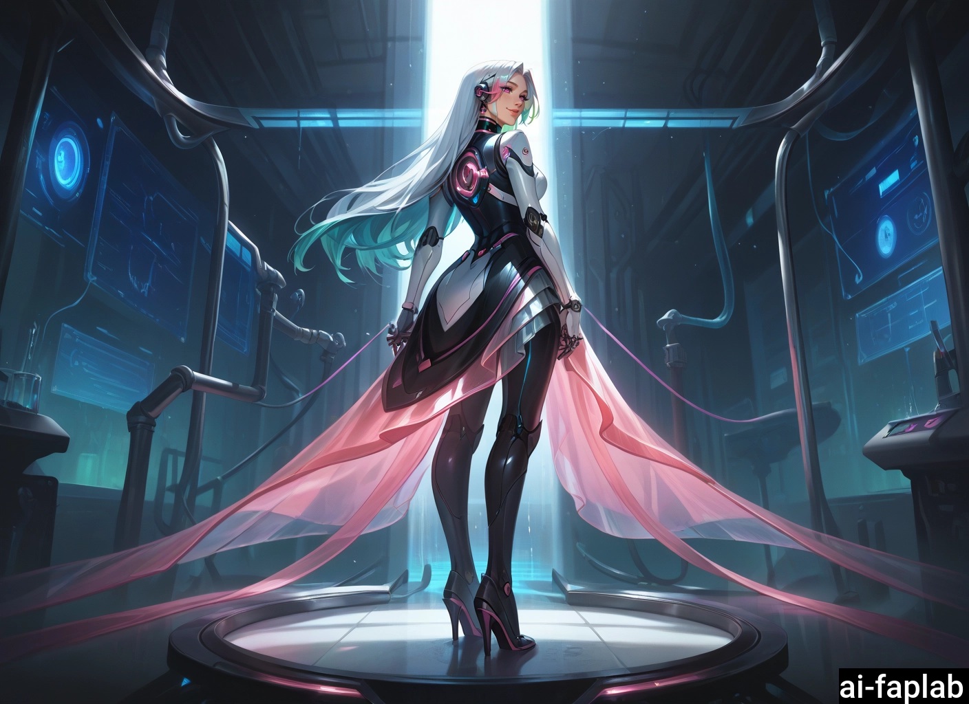 1girl, solo, long hair, high heels, looking at viewer, looking back