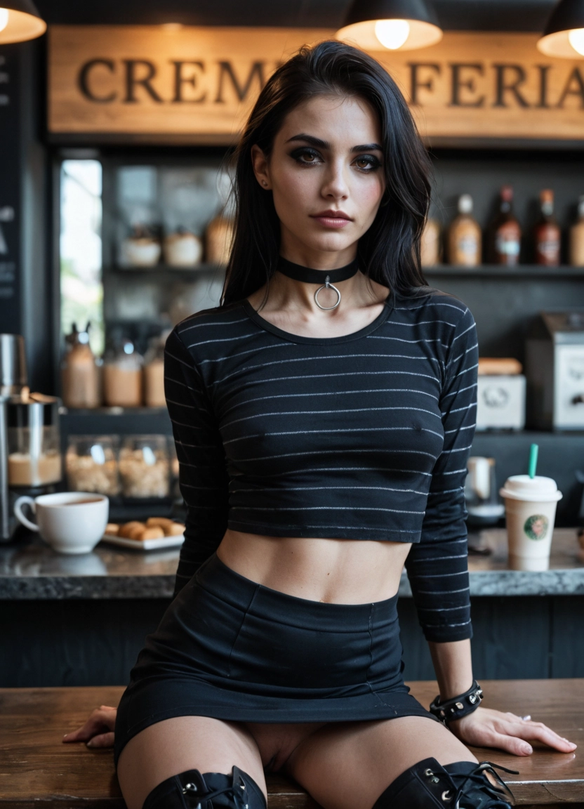 1girl, breasts, sitting, choker, blurry background, solo · Yamete.gg