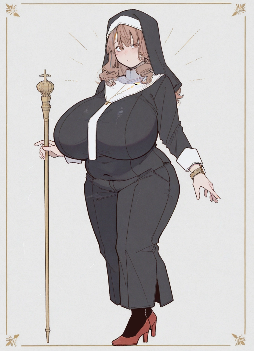 1girl, breasts, solo, nun, brown hair, habit