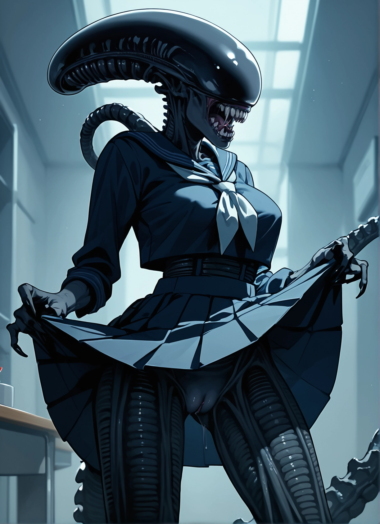 1girl, skirt, school uniform, clothes lift, skirt lift, pussy · Yamete.gg
