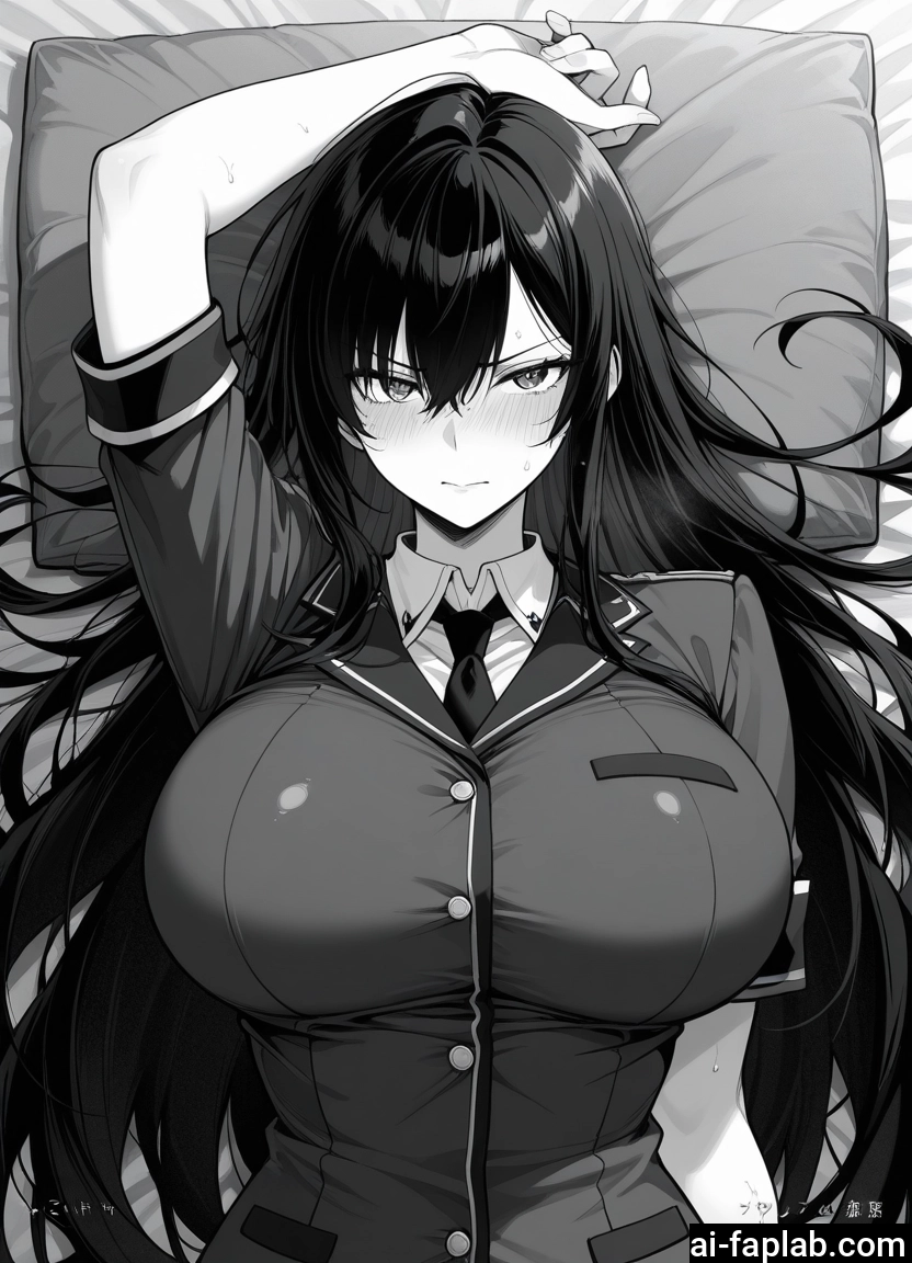 1girl, breasts, monochrome, greyscale, long hair, blush