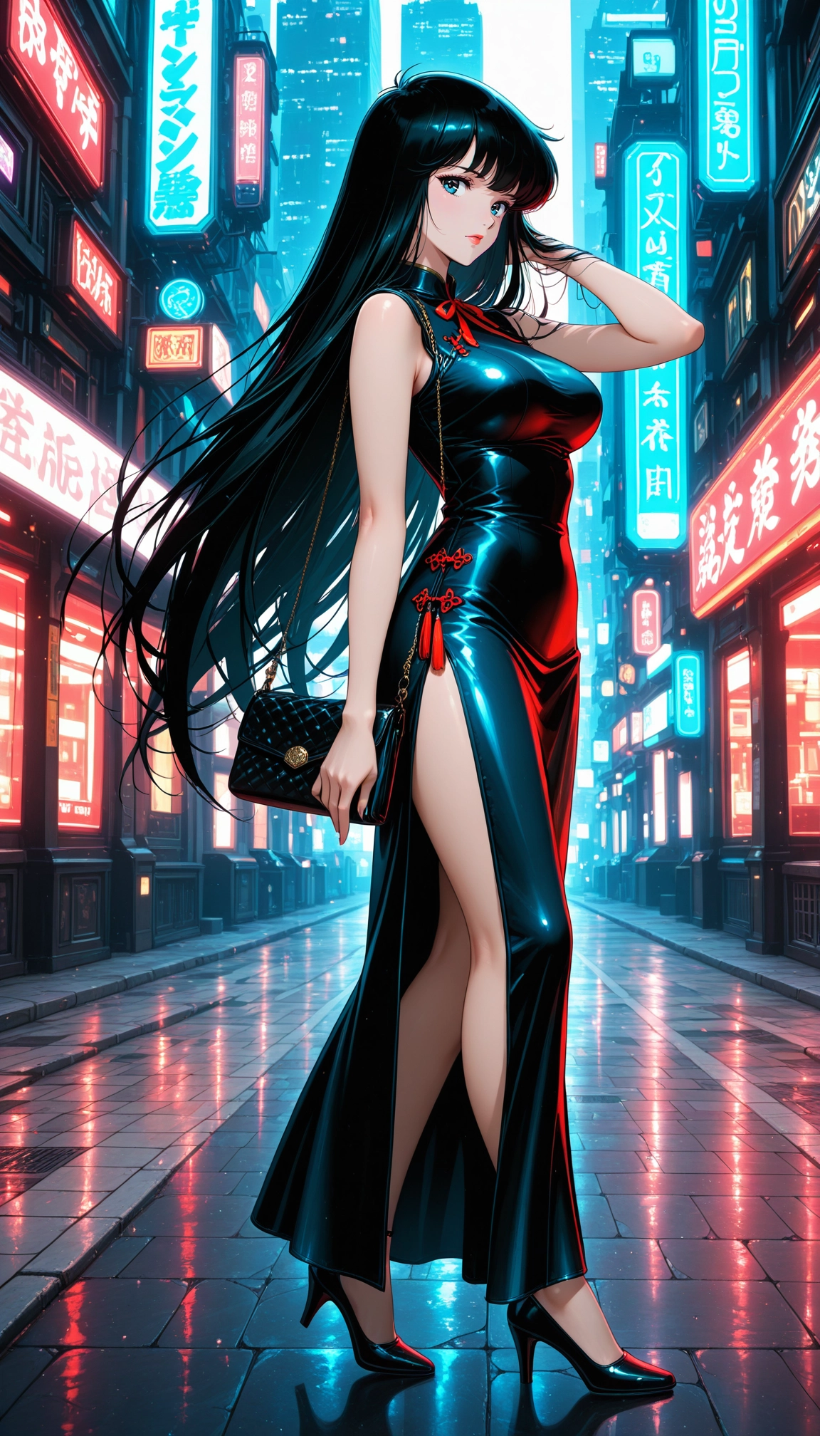 1girl, long hair, dress, black hair, breasts, solo