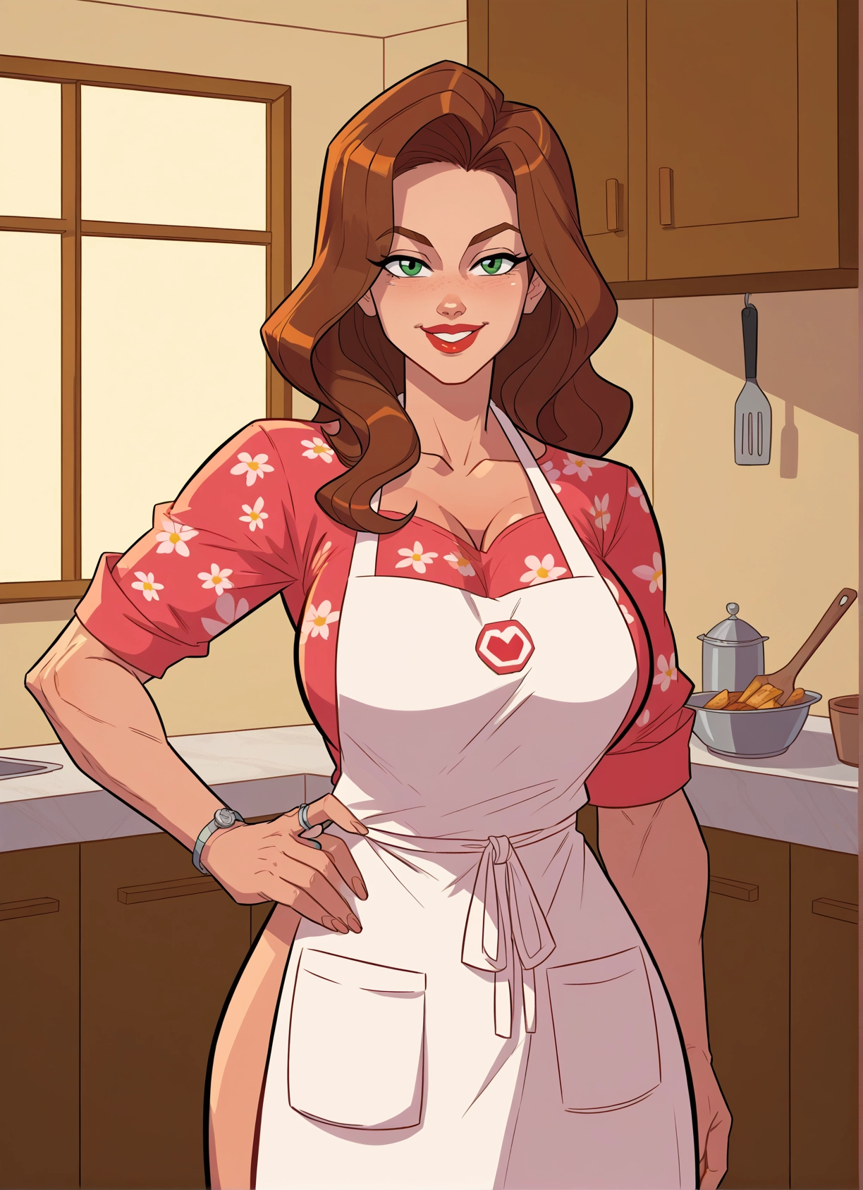 1girl, breasts, green eyes, brown hair, apron, solo · Yamete.gg