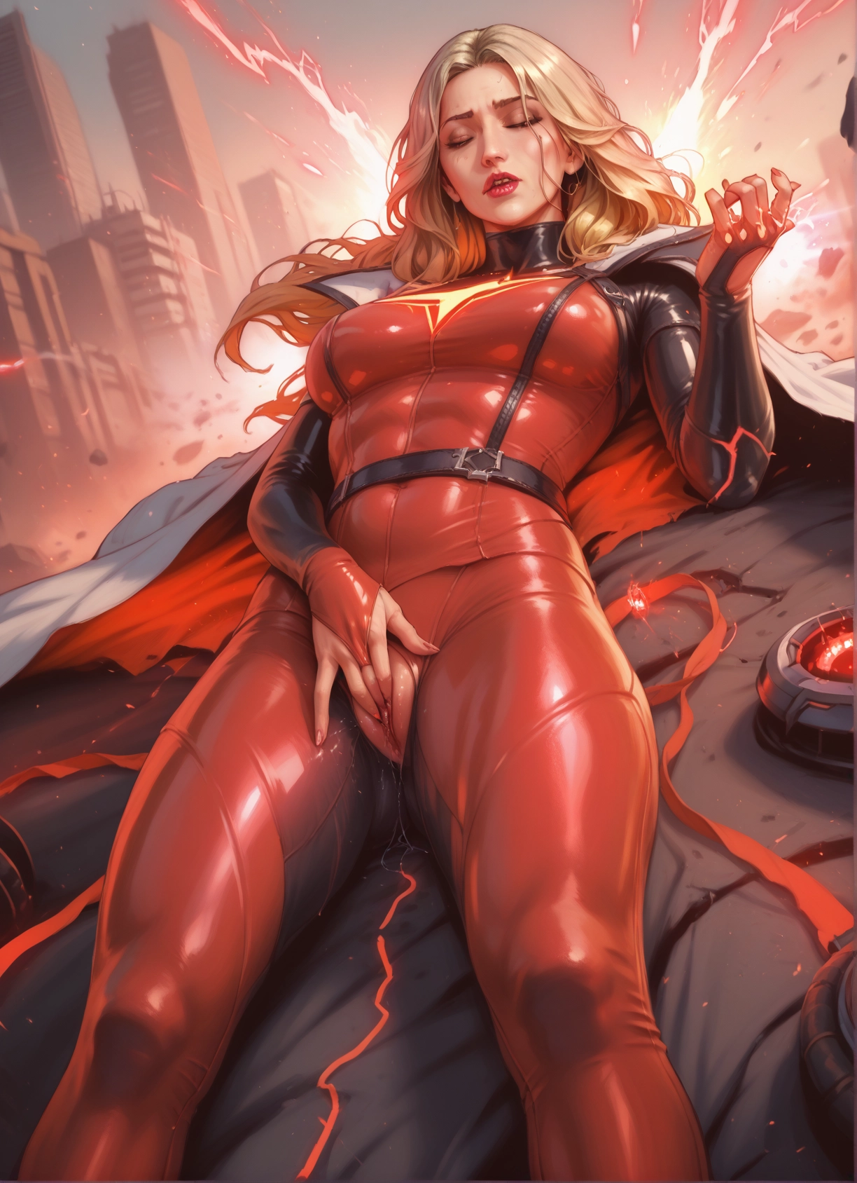 1girl, blonde hair, bodysuit, solo, breasts, masturbation · Yamete.gg