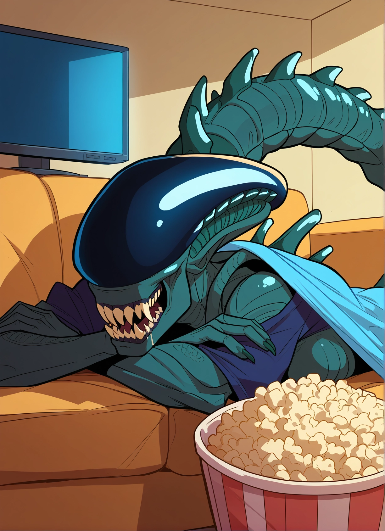 popcorn, teeth, couch, television, sharp teeth, solo · Yamete.gg