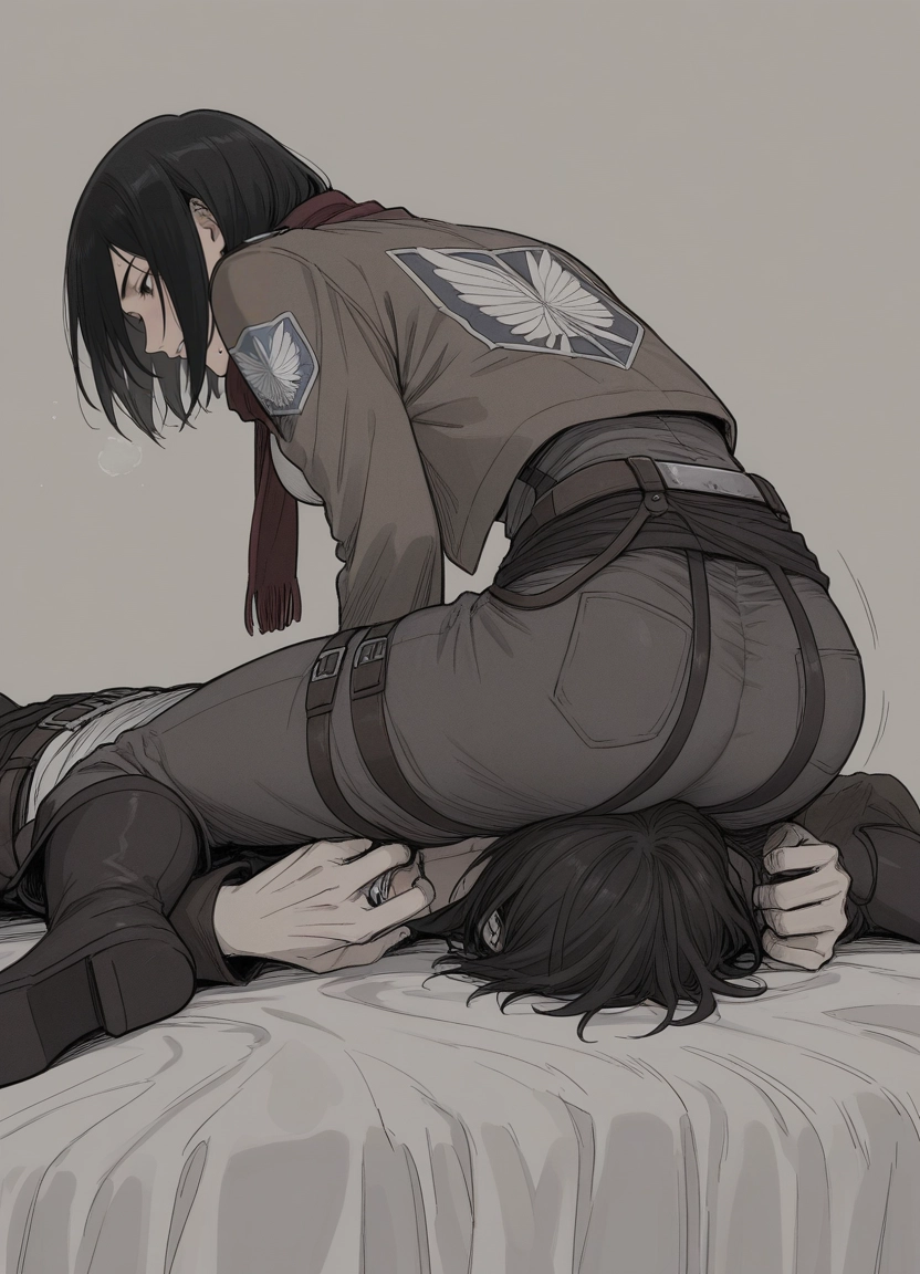 mikasa ackerman, 1girl, 1boy, hetero, paradis military uniform, sitting · Yamete.gg