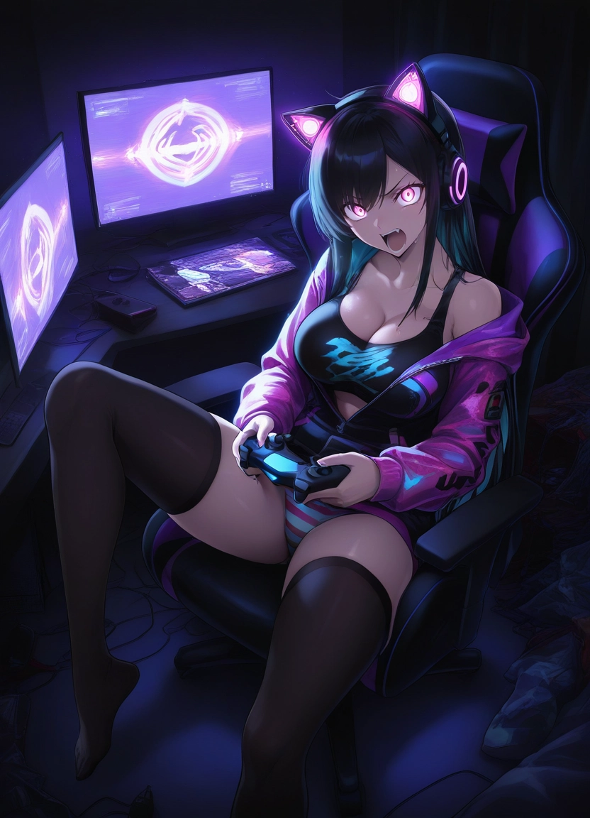 1girl, solo, game controller, breasts, underwear, open mouth