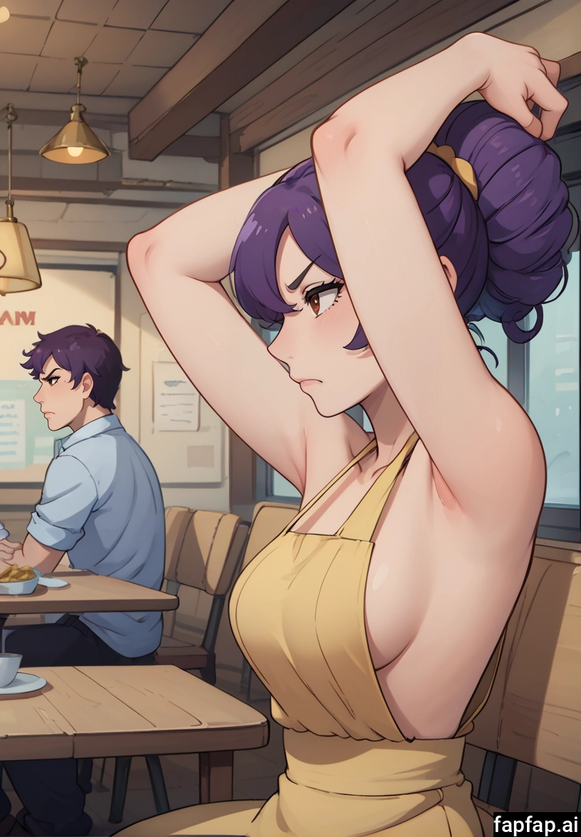 1girl, breasts, 1boy, armpits, purple hair, sitting