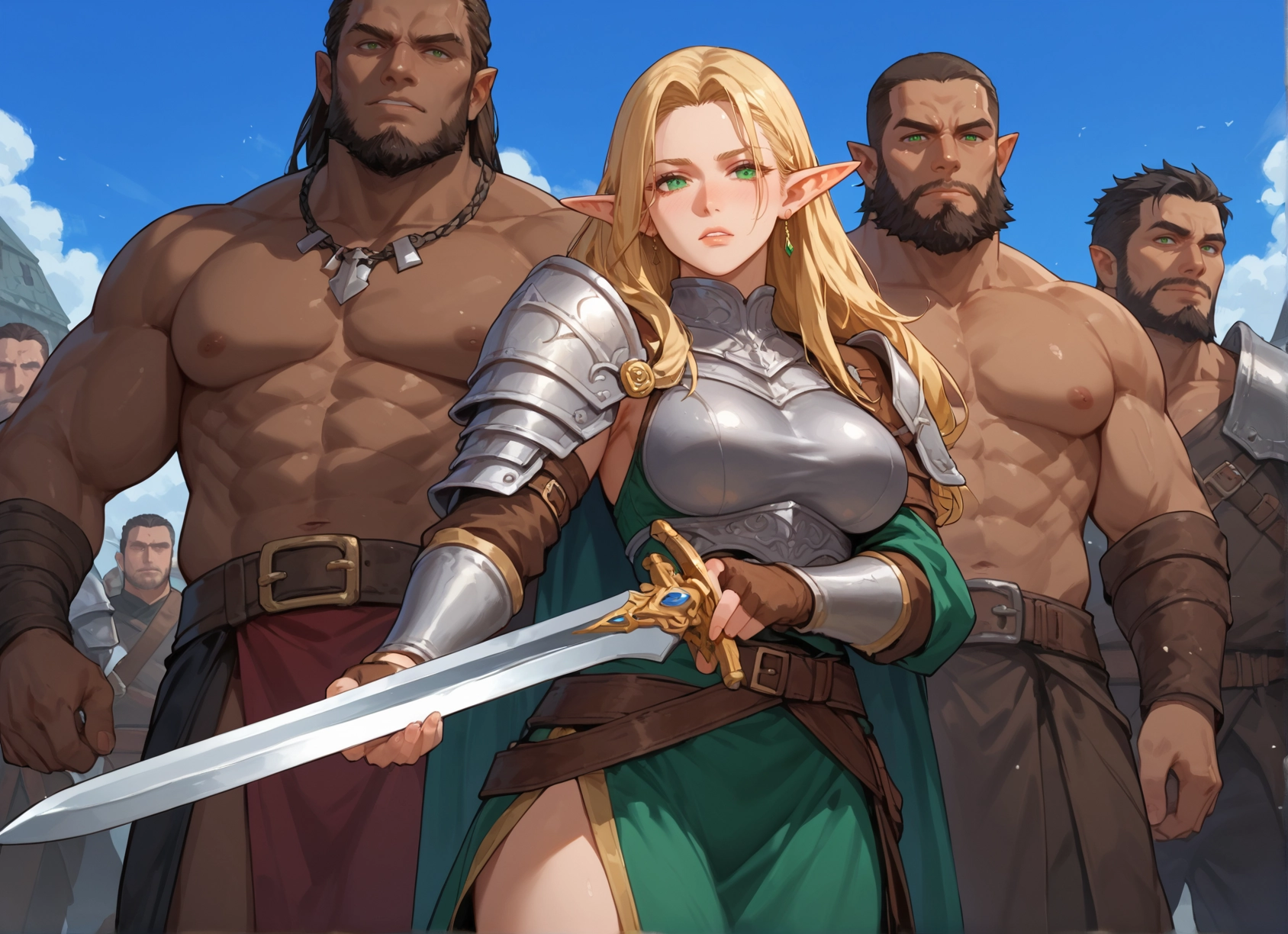 bara, weapon, pointy ears, blonde hair, multiple boys, 1girl · Yamete.gg