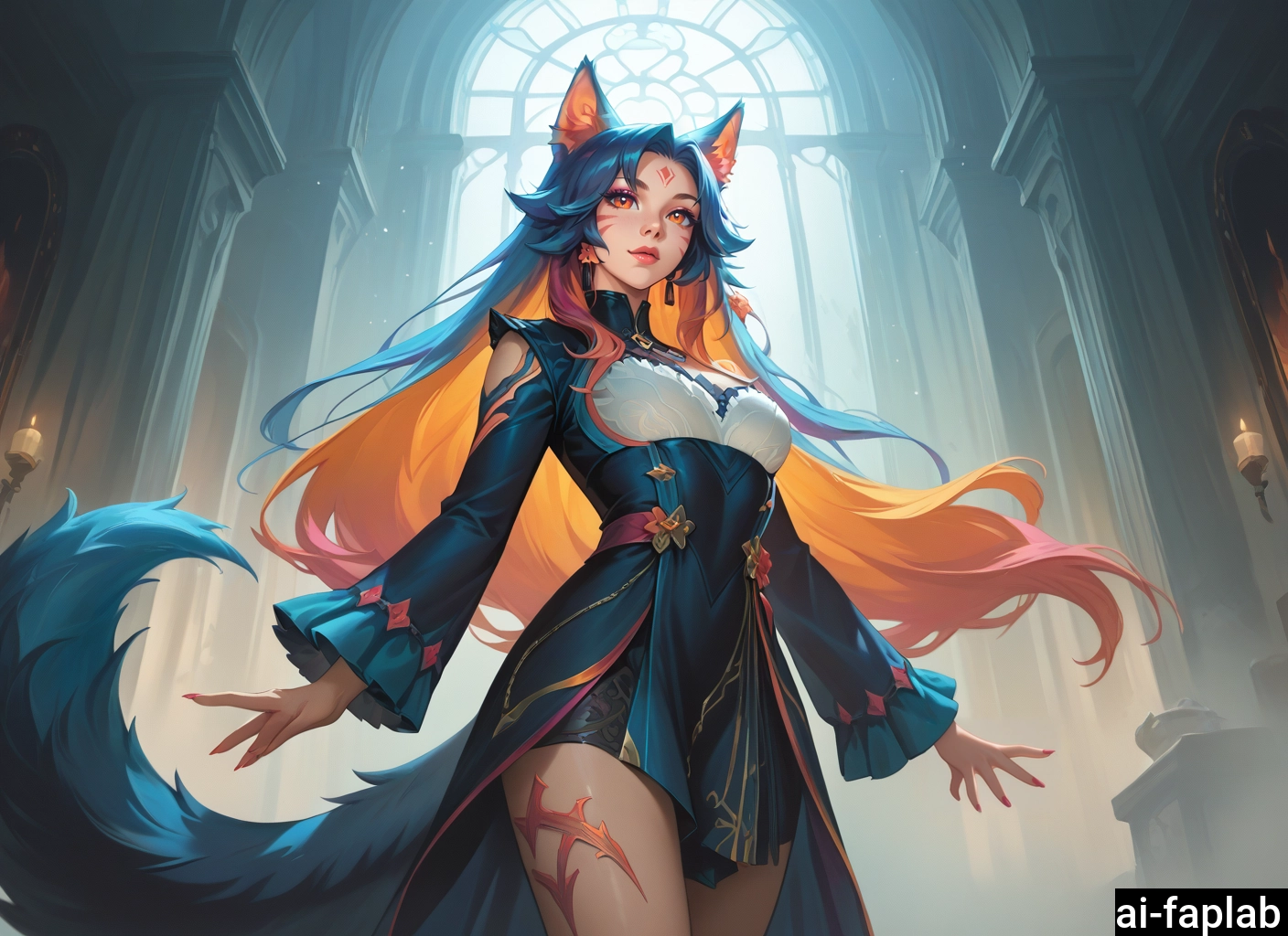 1girl, animal ears, long hair, tail, solo, multicolored hair · Yamete.gg