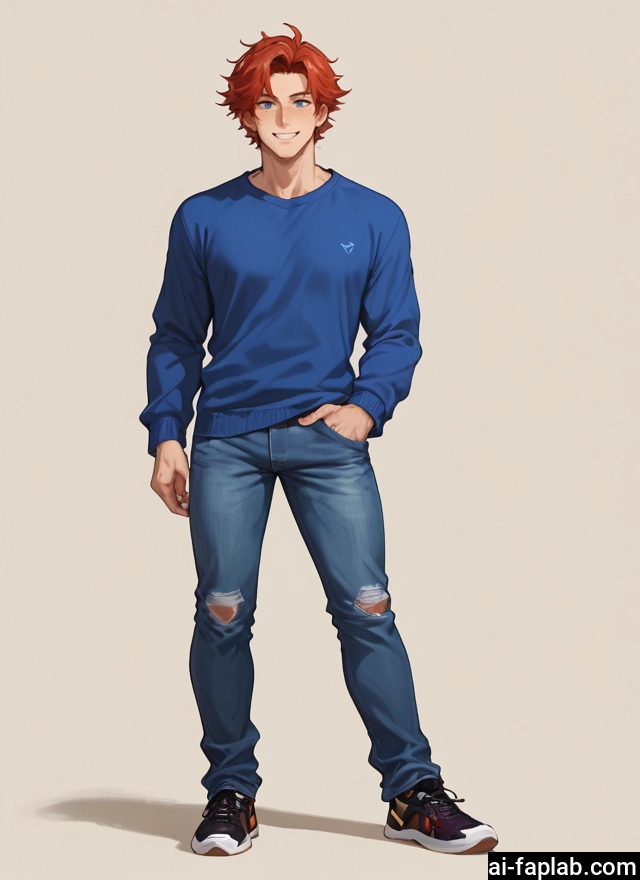 1boy, male focus, pants, blue eyes, smile, solo · Yamete.gg