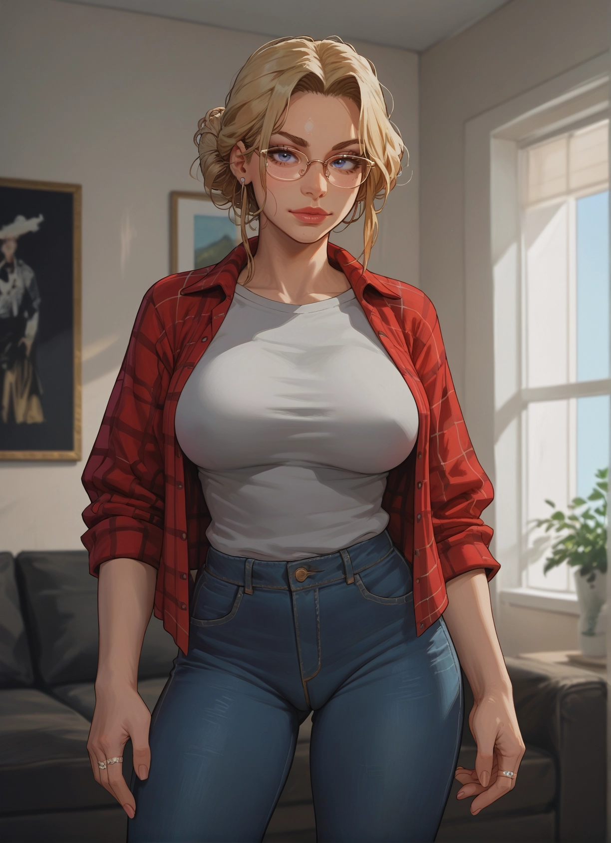 1girl, breasts, blonde hair, jewelry, pants, blue eyes · Yamete.gg