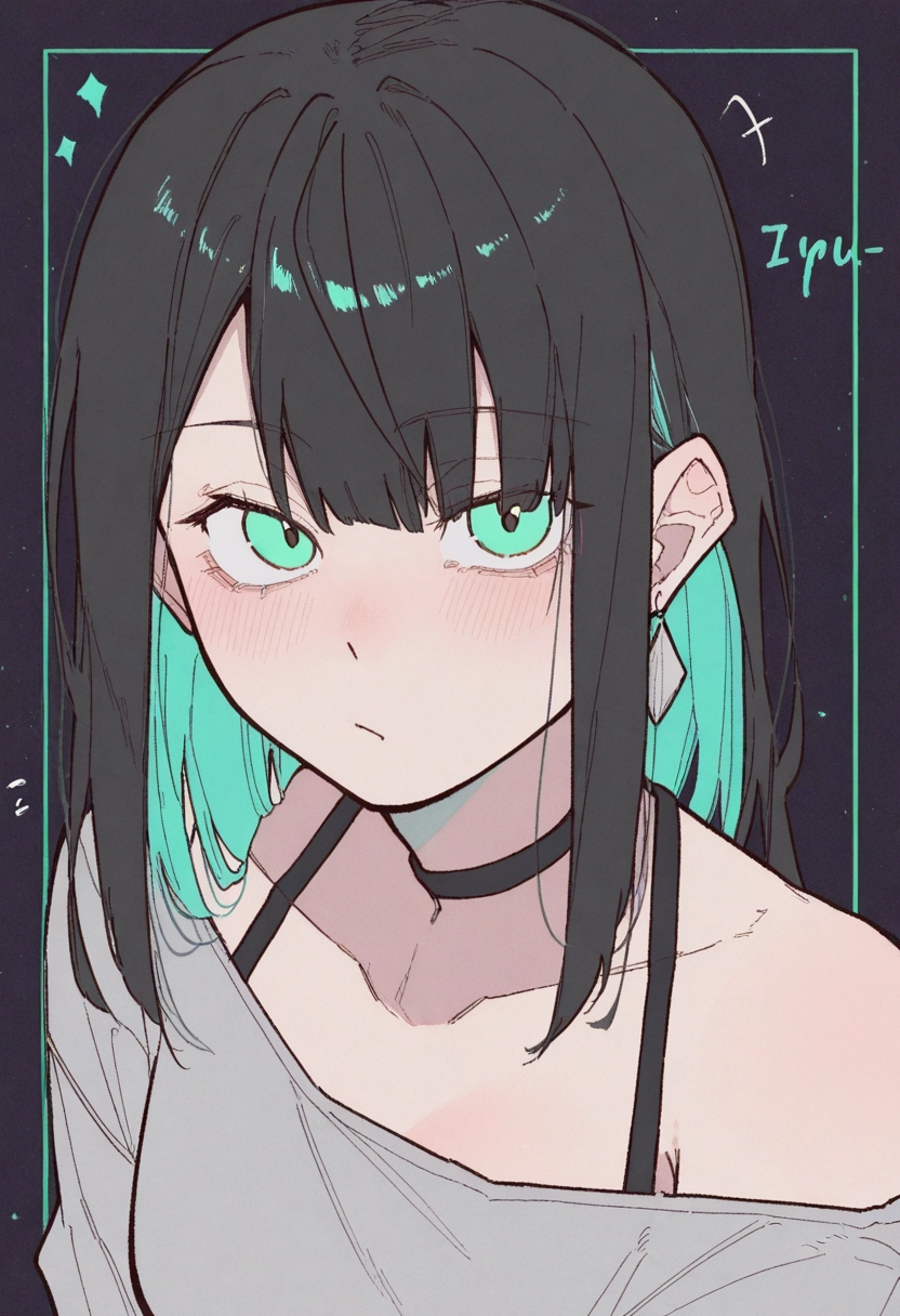 1girl, solo, black hair, multicolored hair, green eyes, choker · Yamete.gg
