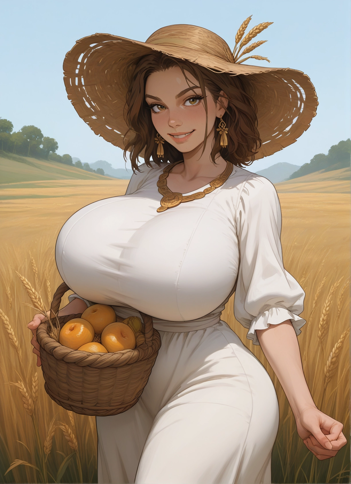 1girl, breasts, jewelry, earrings, solo, basket · Yamete.gg