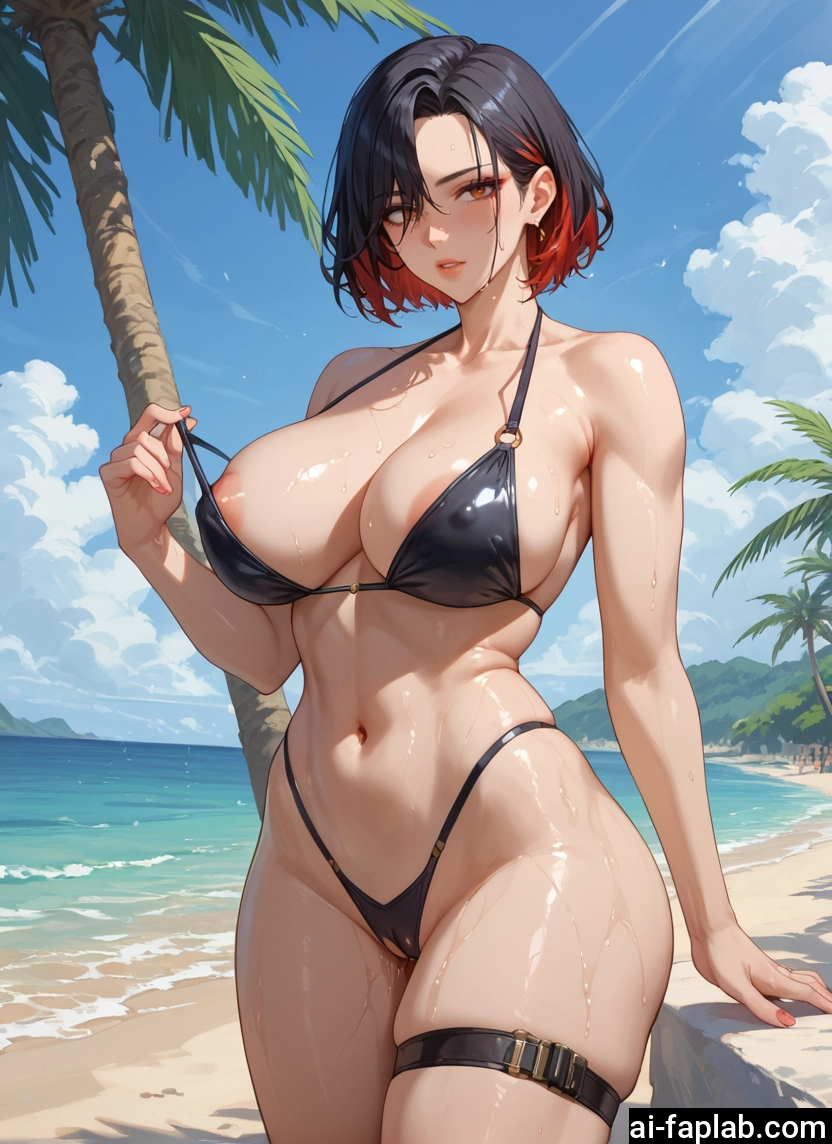 breasts, 1girl, swimsuit, bikini, multicolored hair, black hair · Yamete.gg
