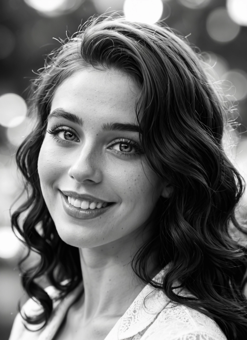 1girl, monochrome, greyscale, solo, smile, freckles · Yamete.gg