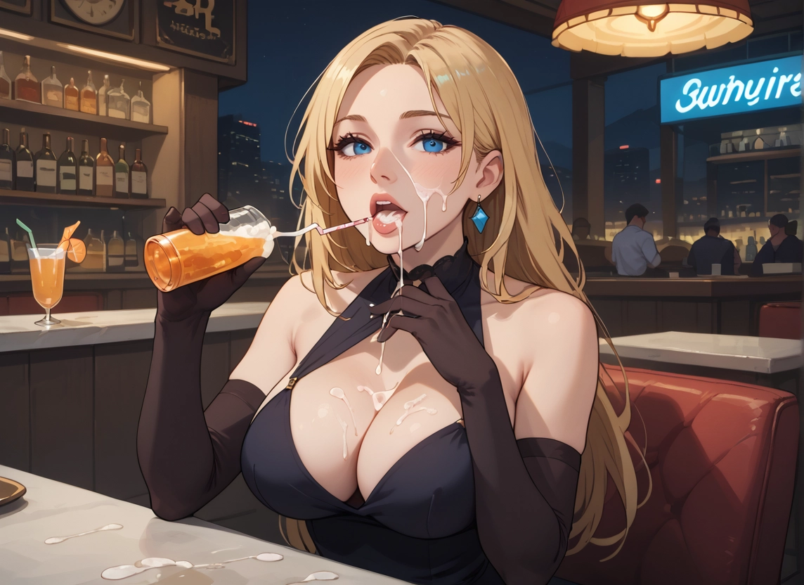 breasts, gloves, blue eyes, jewelry, blonde hair, elbow gloves · Yamete.gg